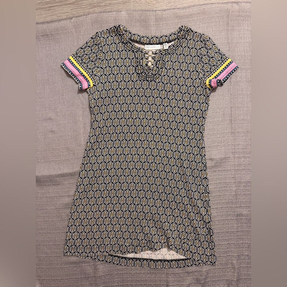 Rafaella Black & White Geometric Shift Dress with Pink and Yellow Accents